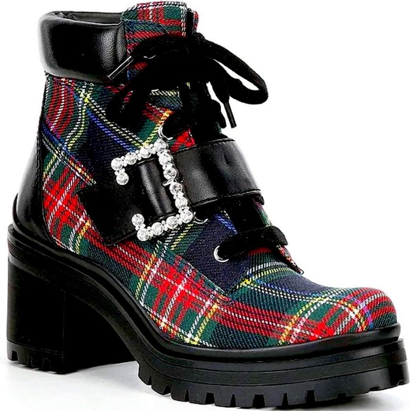 New GB
Pop-Star Plaid Rhinestone Buckle Lug Sole Booties - Picture 1 of 14